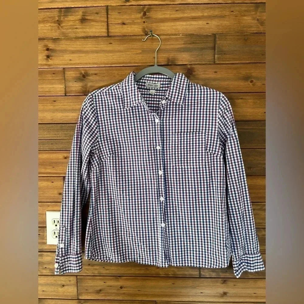 Per Se woman’s plaid button up shirt size medium color white purple and blue